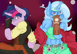 Size: 2625x1844 | Tagged: safe, artist:blackbewhite2k7, derpibooru import, dusk shine, tristan, trixie, twilight sparkle, anthro, anime, battle tendency, caesar zeppeli, commission, crossover, jojo pose, jojo's bizarre adventure, joseph joestar, parody, rule 63