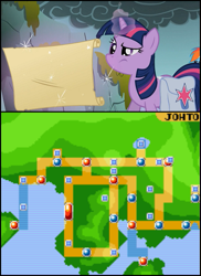 Size: 533x734 | Tagged: safe, derpibooru import, twilight sparkle, pony, unicorn, female, horn, map, mare, pokémon, purple coat, purple mane, solo