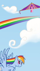 Size: 720x1280 | Tagged: safe, artist:mattatatta, pinkie pie, rainbow dash, earth pony, pegasus, pony, cloud, cloudy, duo, flying, hang glider, rainbow, sky