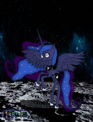 Size: 800x1042 | Tagged: safe, artist:scorpionskissx, princess luna, alicorn, pony, moon, rearing, solo, space, style emulation, tim burton