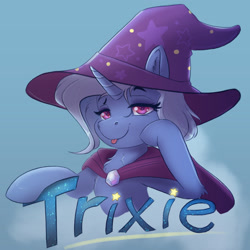 Size: 1800x1800 | Tagged: safe, artist:ardail, derpibooru import, trixie, pony, unicorn, clothes, female, hat, looking at you, mare, smiling, solo, tongue out, trixie's hat