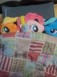 Size: 637x850 | Tagged: safe, artist:onlyfactory, derpibooru import, applejack, pinkie pie, trixie, pony, unicorn, blanket, bootleg, cute, female, irl, mare, photo, plushie