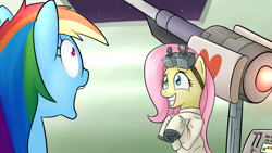 Size: 1280x720 | Tagged: safe, artist:dazko, fluttershy, rainbow dash, pegasus, pony, death ray, dr adorable, fanart, laser