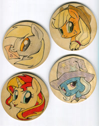 Size: 900x1138 | Tagged: safe, artist:maytee, derpibooru import, applejack, derpy hooves, sunset shimmer, trixie, earth pony, pony, coaster