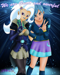 Size: 1280x1600 | Tagged: safe, artist:negaarmax, derpibooru import, trixie, equestria girls, clothes swap, crossover, evie (paladins), paladins: champions of the realm, peace sign