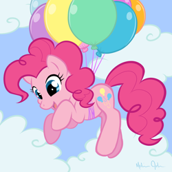 Size: 800x800 | Tagged: safe, artist:nauticaldog, pinkie pie, earth pony, pony, balloon, cloud, female, floating, looking down, mare, open mouth, sky, smiling, solo, then watch her balloons lift her up to the sky