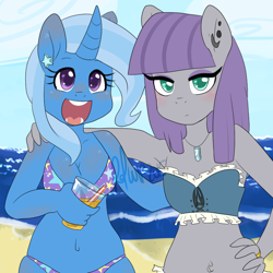 Size: 800x800 | Tagged: safe, artist:lucidlarceny, derpibooru import, maud pie, trixie, anthro, armpits, beach, bikini, breasts, cleavage, clothes, female, happy, lesbian, mauxie, shipping, swimsuit