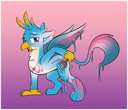 Size: 1280x1104 | Tagged: safe, artist:redflare500, derpibooru import, gallus, oc, oc:foxxy hooves, griffon, character to character, claws, female to male, griffon oc, male, paint, rule 63, spread wings, tail, transformation, transgender transformation, wings