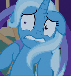 Size: 670x720 | Tagged: safe, derpibooru import, screencap, trixie, pony, to where and back again, do not want, floppy ears, scared, shrunken pupils, solo, trixie's wagon, wheel, wide eyes