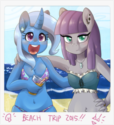 Size: 859x940 | Tagged: safe, artist:lucidlarceny, derpibooru import, maud pie, trixie, anthro, armpits, beach, belly button, bikini, cleavage, clothes, female, happy, lesbian, mauxie, midriff, shipping, swimsuit