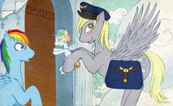 Size: 1000x612 | Tagged: safe, artist:tinuleaf, derpy hooves, rainbow dash, oc, oc:white whirl, pegasus, pony, female, foal, hat, mailbag, mailpony, mare, offspring, parent:rainbow dash, parent:soarin', parents:soarindash, saddle bag, wavy mouth