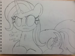 Size: 2937x2203 | Tagged: safe, artist:messenger, derpibooru import, trixie, pony, unicorn, caption, female, fourth wall, frown, mare, monochrome, pencil drawing, sketch, solo, traditional art, unamused