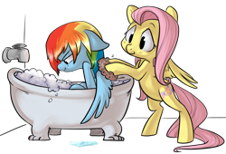 Size: 1280x870 | Tagged: safe, artist:php27, fluttershy, rainbow dash, pegasus, pony, bath, bathtub, bubble bath, claw foot bathtub, faucet, flutterdash, forced bathing, grumpy, hilarious in hindsight, scrunchy face, wet, wet mane