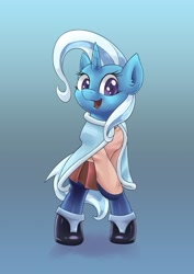 Size: 751x1063 | Tagged: safe, artist:lovelyneckbeard, derpibooru import, trixie, pony, bipedal, boots, cape, clothes, looking at you, open mouth, solo