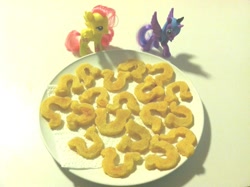 Size: 1000x747 | Tagged: safe, fluttershy, princess luna, twilight time, brushable, defictionalization, french fries, horseshoe fries, irl, mcdonald's happy meal toys, photo, toy