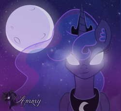 Size: 932x857 | Tagged: safe, artist:zombies-pudding, princess luna, alicorn, pony, dark, full moon, glowing eyes, signature, smiling, solo, starry night