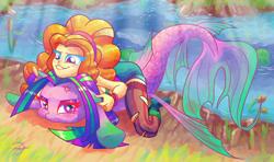 Size: 1920x1136 | Tagged: safe, artist:halem1991, adagio dazzle, aria blaze, siren, equestria girls, rainbow rocks, ariabetes, blushing, boots, clothes, color porn, colorful, cross-popping veins, cute, digital drawing, eyestrain warning, false colors, female, halem1991 is trying to murder us, half-siren, outdoors, pinned, pinned down, river, riverbank, scenery, shoes, signature, smiling, socks, stockings, thigh highs, true form, unamused, underhoof, water