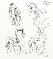 Size: 890x1000 | Tagged: safe, artist:pony-berserker, pinkie pie, rarity, shining armor, earth pony, pony, unicorn, heart, monochrome, sketch, sketch dump