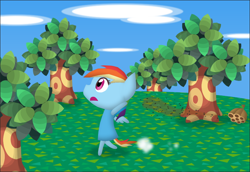 Size: 790x542 | Tagged: safe, artist:theblueprintforlife, rainbow dash, bee, pegasus, pony, animal crossing, bipedal, crossover, nintendo