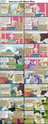 Size: 1282x3304 | Tagged: safe, derpibooru import, berry punch, berryshine, bon bon, mayor mare, rarity, sweetie drops, twilight sparkle, pony, unicorn, comic:celestia's servant interview, background pony, caption, comic, glasses, interview, ponyville