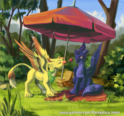 Size: 2000x1875 | Tagged: safe, artist:kirillk, derpibooru import, oc, oc only, griffon, amputee, basket, beak hold, eyes closed, flower, griffon oc, mouth hold, one eye closed, outdoors, picnic basket, picnic blanket, prosthetic leg, prosthetic limb, prosthetics, signature, smiling, umbrella