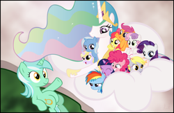 Size: 1300x850 | Tagged: safe, artist:dmtb, derpibooru import, apple bloom, derpy hooves, dinky hooves, lyra heartstrings, pinkie pie, princess celestia, rainbow dash, rarity, scootaloo, sweetie belle, trixie, twilight sparkle, alicorn, earth pony, pegasus, pony, unicorn, cutie mark crusaders, female, filly, mare, messy mane, the creation of adam