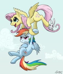 Size: 1024x1200 | Tagged: safe, artist:psychodikdik, angel bunny, fluttershy, rainbow dash, pegasus, pony, female, mare, wings