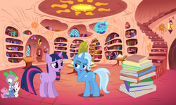 Size: 2858x1699 | Tagged: safe, artist:kayman13, derpibooru import, spike, trixie, twilight sparkle, dragon, book, golden oaks library