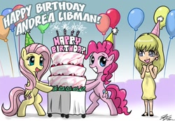 Size: 1000x692 | Tagged: safe, artist:johnjoseco, fluttershy, pinkie pie, earth pony, pegasus, pony, andrea libman, birthday, cake, food, party, voice actor