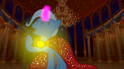 Size: 4623x2610 | Tagged: safe, artist:disneymarvel96, derpibooru import, trixie, pony, beauty and the beast, brooch, cape, chandelier, clothes, column, disney, glowing horn