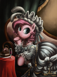 Size: 900x1208 | Tagged: safe, artist:whitestar1802, pinkie pie, earth pony, pony, cake, clothes, donut, drapes, dress, fancy, feather, hat, marie antoinette, necklace, pearl (object), smiling, sofa, solo, table, victorian, wine, wine glass