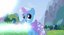 Size: 1332x748 | Tagged: safe, artist:disneymarvel96, derpibooru import, trixie, pony, brooch, cape, clasp, clothes, cute, diatrixes, gem, glow, magic blast, smiling, trixie's cape, what could possibly go wrong