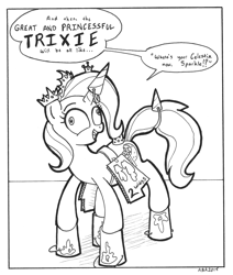 Size: 847x1000 | Tagged: safe, artist:abronyaccount, derpibooru import, trixie, alicorn, pony, cardboard wings, derp, dialogue, fake wings, insanity, monochrome, princess