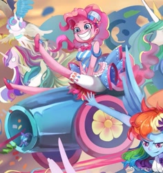 Size: 699x740 | Tagged: safe, artist:animesoul, derpibooru import, discord, pinkie pie, princess cadance, princess celestia, princess flurry heart, rainbow dash, shining armor, trixie, draconequus, pony, unicorn, equestria girls, clothes, confetti, dress, female, gala dress, male, mare, partillery, party cannon, stallion, streamers