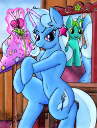 Size: 975x1280 | Tagged: safe, artist:blazelupine, derpibooru import, trixie, oc, oc:pickles, pony, unicorn, belly button, female, magic, mare, trikles