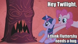 Size: 960x540 | Tagged: safe, derpibooru import, edit, edited screencap, screencap, pinkie pie, twilight sparkle, unicorn twilight, earth pony, pony, unicorn, friendship is magic, caption, female, flutterrage, fluttertree, image macro, mare, pun, raised hoof, text, tree