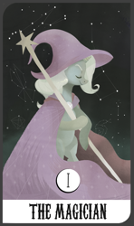 Size: 865x1459 | Tagged: safe, artist:twitchykismet, derpibooru import, trixie, pony, bipedal, eyes closed, solo, tarot card, the magician, trixie's cape, trixie's hat