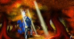 Size: 1366x728 | Tagged: safe, artist:xxmarkingxx, princess luna, alicorn, pony, autumn, crepuscular rays, forest, looking up, solo