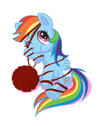 Size: 1080x1361 | Tagged: safe, artist:fauxsquared, rainbow dash, pegasus, pony, blue coat, blue wings, female, mare, multicolored mane, simple background, smiling, solo, yarn