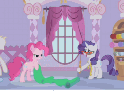Size: 484x362 | Tagged: safe, screencap, pinkie pie, rarity, earth pony, pony, unicorn, suited for success, animated, bipedal, curtains, duo, glasses, loop, measuring tape, messy mane, rarity's glasses, reversed, sunlight