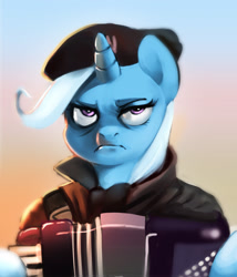 Size: 902x1054 | Tagged: safe, artist:imalou, derpibooru import, trixie, accordion, beret, bipedal, clothes, dat face soldier, frown, glare, hat, looking at you, meme, musical instrument, remove kebab, serbia strong, serious, serious face, solo, unamused