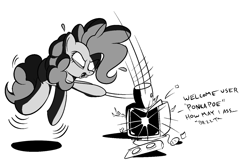 Size: 1409x927 | Tagged: safe, artist:jailbait, pinkie pie, earth pony, pony, black and white, computer, grayscale, monochrome