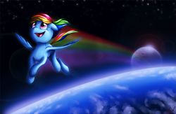 Size: 1241x810 | Tagged: safe, artist:c-puff, rainbow dash, pegasus, pony, female, flying, mare, moon, planet, rainbow trail, smiling, solo, space