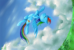 Size: 938x638 | Tagged: safe, artist:c-puff, rainbow dash, pegasus, pony, blue coat, blue wings, female, mare, multicolored mane, simple background, smiling, solo