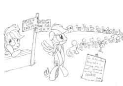 Size: 1700x1200 | Tagged: safe, artist:datspaniard, applejack, princess luna, rainbow dash, alicorn, earth pony, pegasus, pony, alcohol, bathroom line, cider, covering crotch, desperation, eyeroll, food, hooves between legs, it has been doubled!, knees pressed together, line, monochrome, need to pee, oh crap face, omorashi, outhouse, potty dance, potty emergency, potty time, squirming, story in the source, this will end in diapers, traditional art, trotting, trotting in place