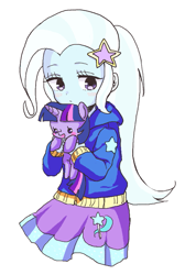 Size: 591x879 | Tagged: safe, artist:weiliy, derpibooru import, trixie, twilight sparkle, equestria girls, blushing, holding, looking away, open mouth, plushie, shy, smiling, solo