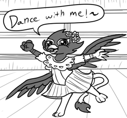 Size: 640x600 | Tagged: safe, artist:ficficponyfic, derpibooru import, part of a series, part of a set, oc, oc:emilia, griffon, clothes, cyoa, cyoa:madness in mournthread, dancing, dialogue, flower, griffon oc, happy, inviting, monochrome, mystery, outstretched arms, outstretched wings, ruffles, skirt, smiling, story included, text