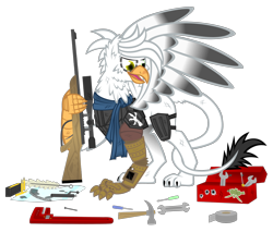 Size: 968x825 | Tagged: safe, artist:bigrodeo, derpibooru import, oc, oc only, cyborg, griffon, fallout equestria, cartridge, female, griffon oc, gun, hammer, open mouth, optical sight, rifle, screwdriver, simple background, sniper rifle, solo, spread wings, talon merc, tape, toolbox, tools, transparent background, weapon, wings, wrench