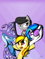 Size: 1440x1913 | Tagged: safe, artist:therandomjoyrider, derpibooru import, dj pon-3, octavia melody, trixie, vinyl scratch, oc, oc:inferno flame, earth pony, pony, unicorn, female, mare