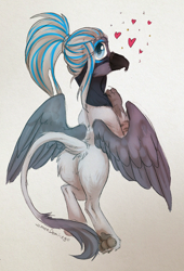 Size: 700x1028 | Tagged: safe, artist:lonerdemiurge_nail, derpibooru import, oc, oc only, oc:rio azura, griffon, butt, commission, explicit source, female, griffon oc, heart, looking at you, looking back, looking back at you, paws, plot, ponytail, solo, underpaw